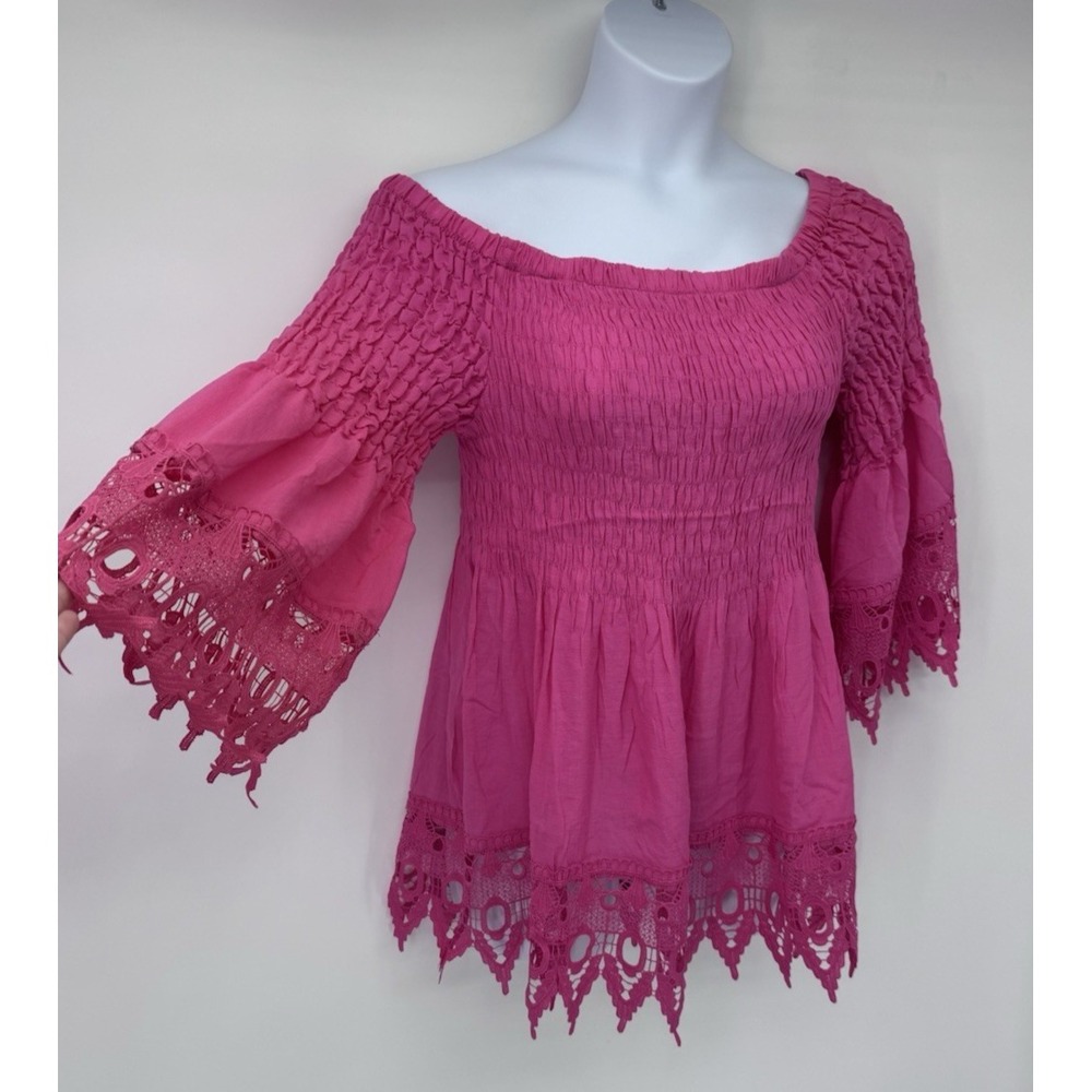 Who's That Girl Pink Crochet Lace smocked 2X fairy festival flare bell sleeve
